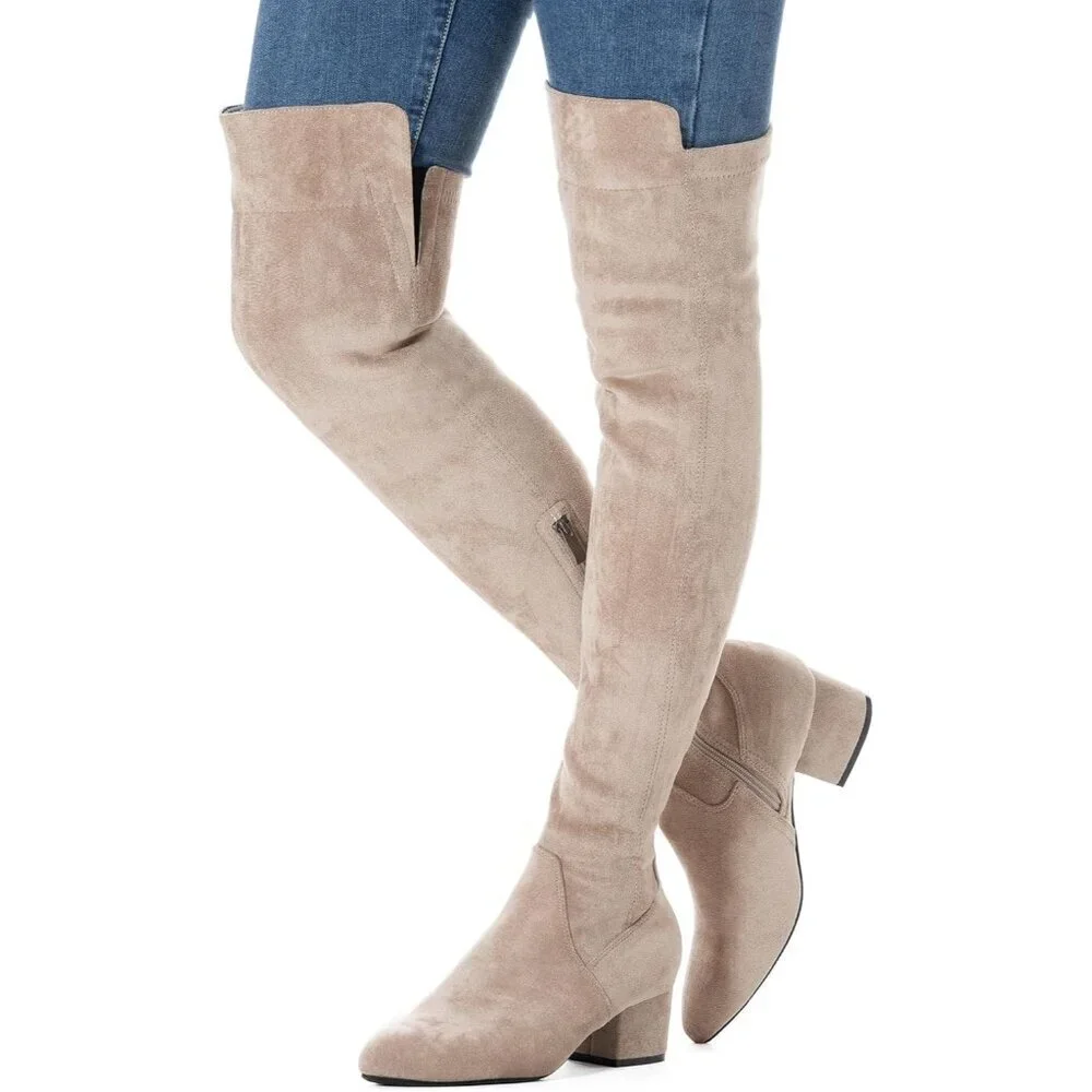Women Beige\2 Ihch Suede Over the Knee Thigh High Chunky Block Heel Boots